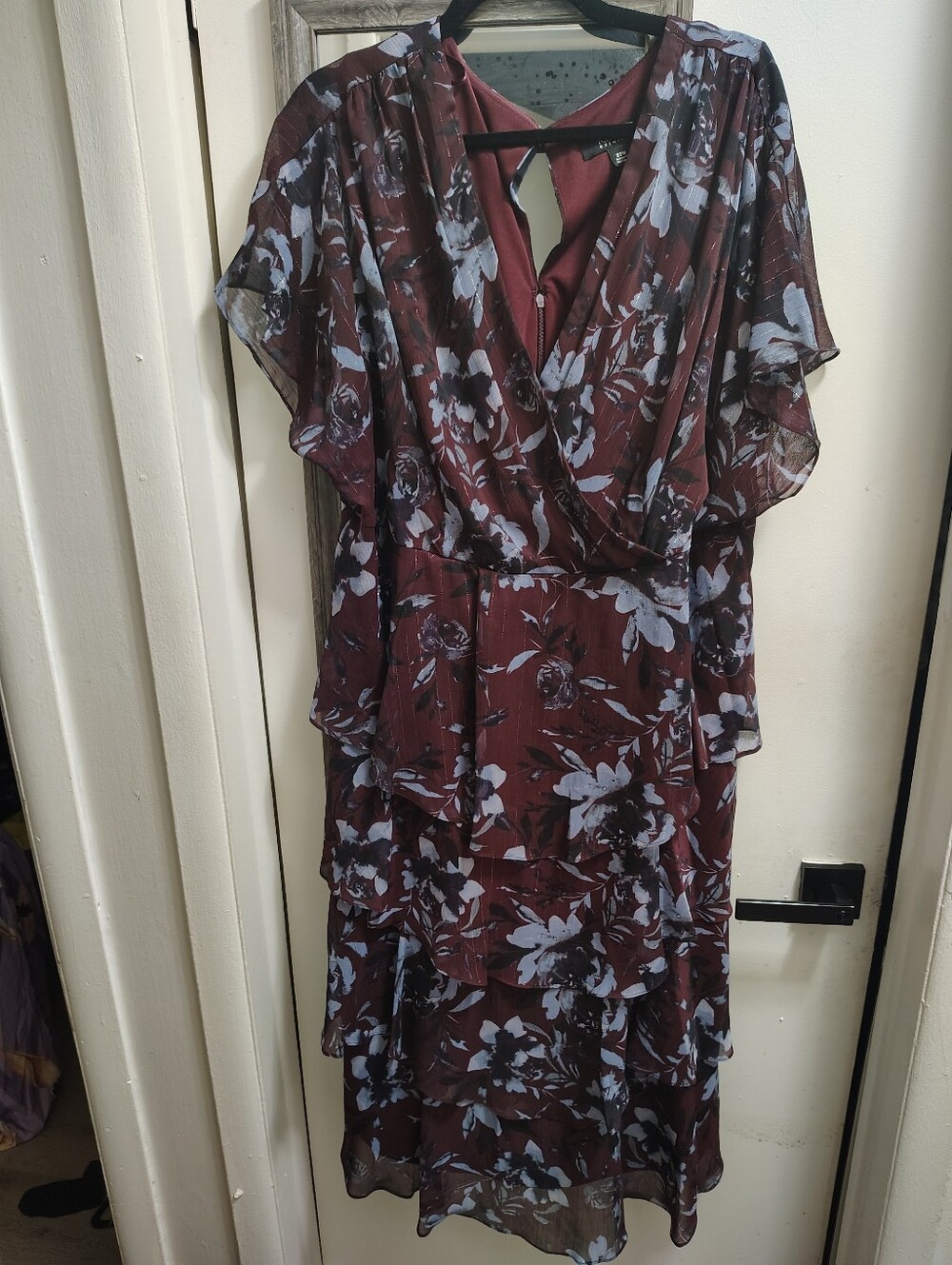 Ignite Floral Tiered V-Neck Dress in Burgundy and Light Blue